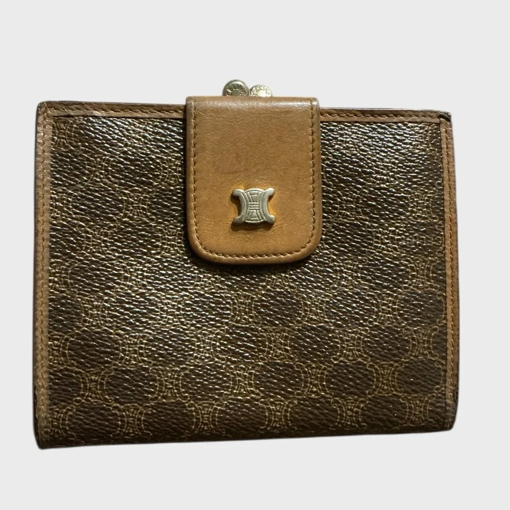 Vintage Celine Macadam Kisslock Compact Wallet Brown Monogram Canvas